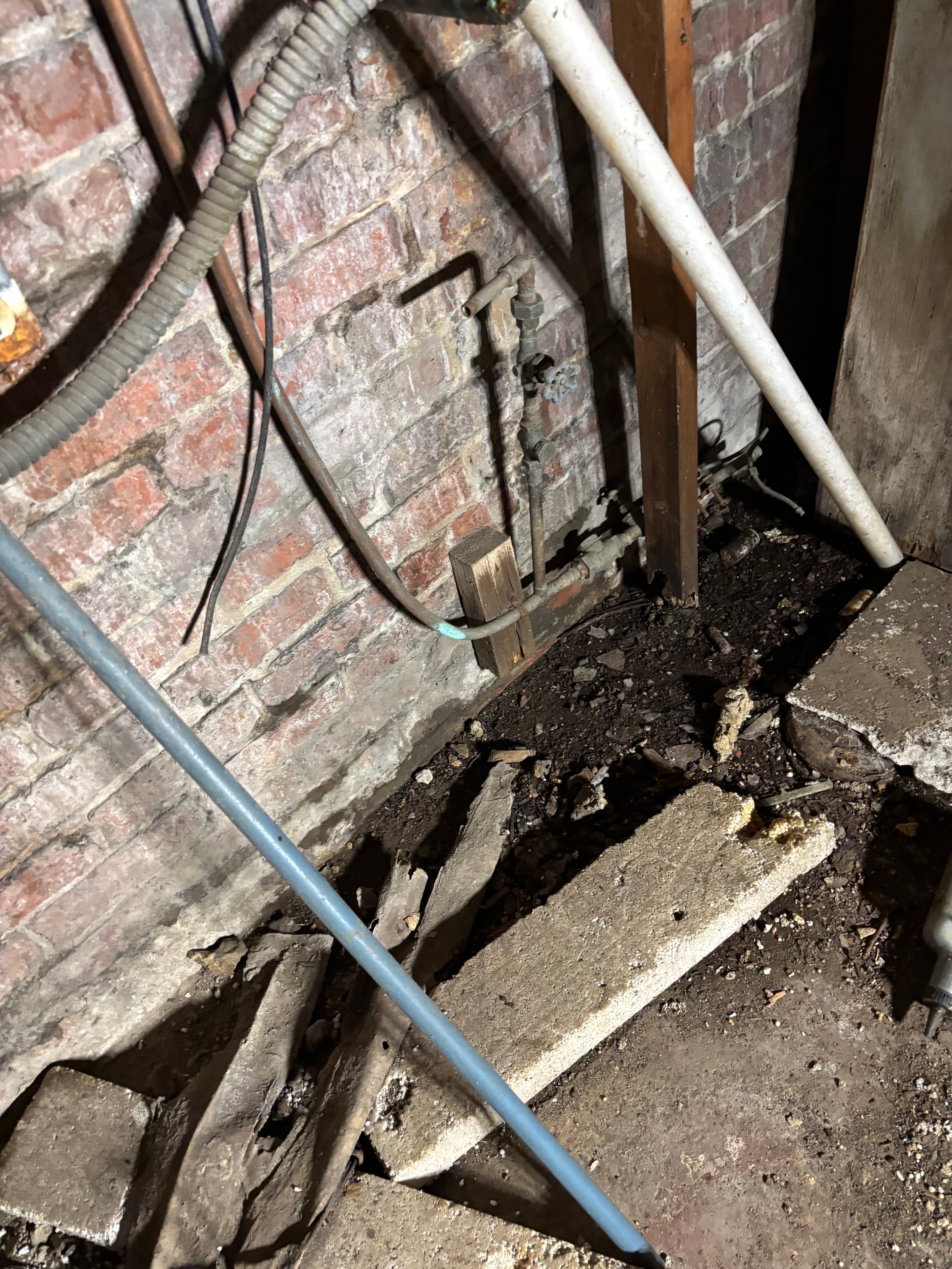 Deteriorated basement wall and utility area before remediation